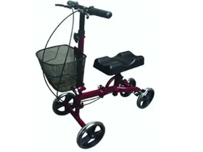 Knee scooter with basket, four wheels.