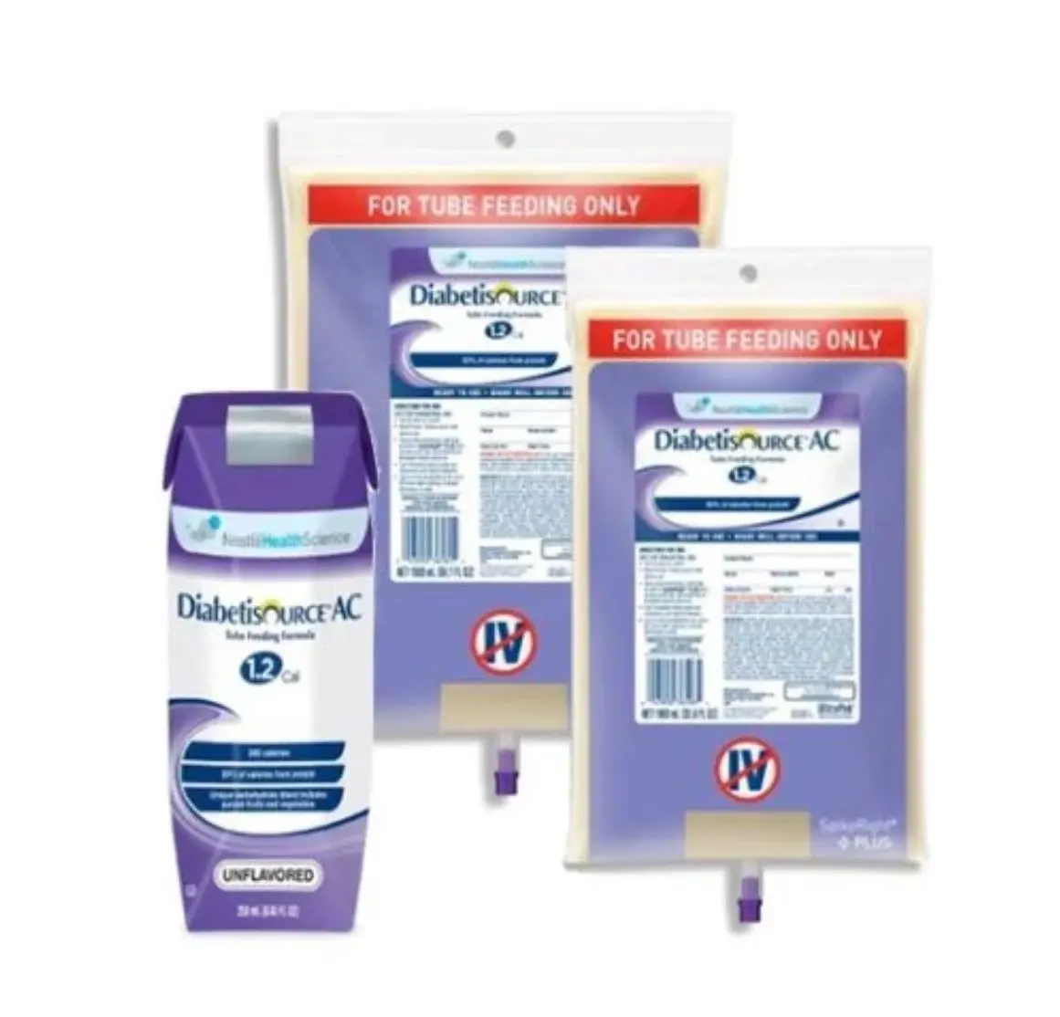 Tube feeding formula packages, unflavored, purple packaging.
