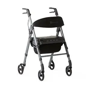 Foldable walker with four wheels and seat.
