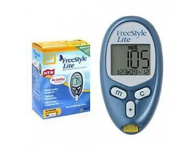 Blood glucose meter with packaging.
