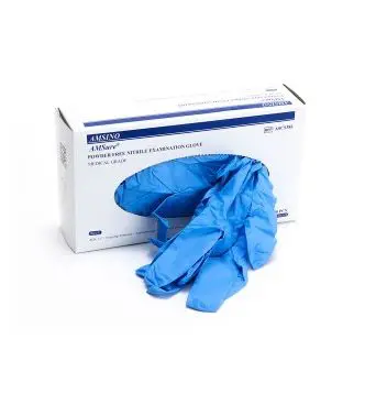 Box of blue medical examination gloves.