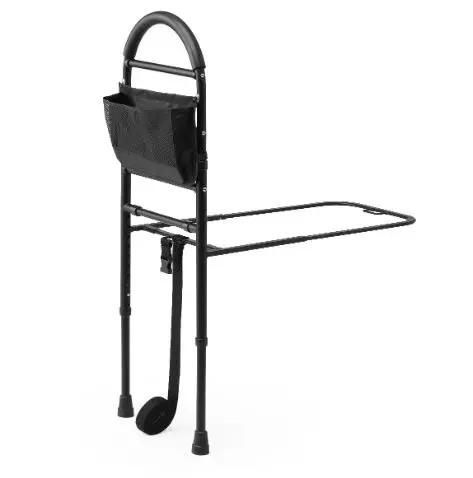 Bed support rail with black storage pouch.