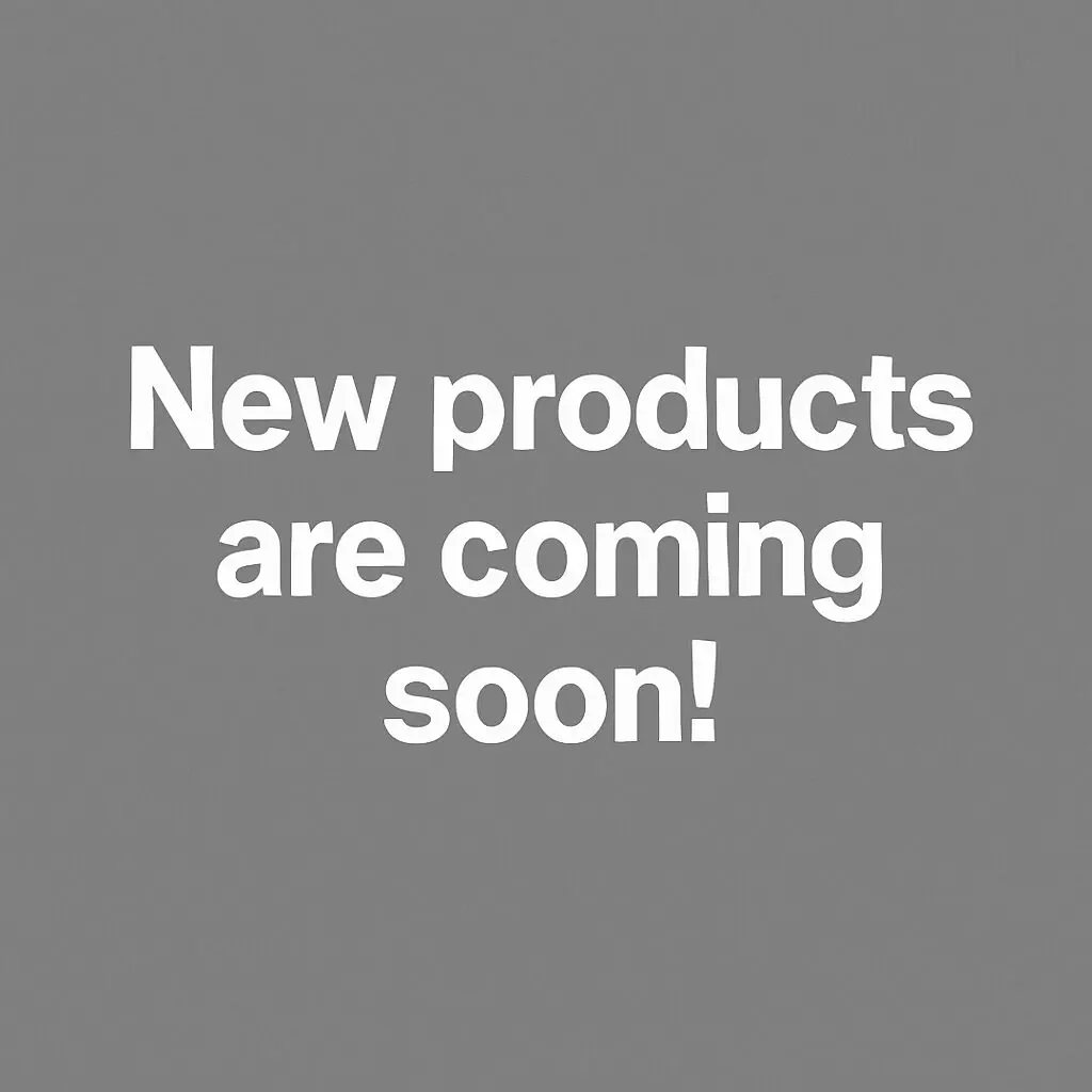 New products announcement on gray background.