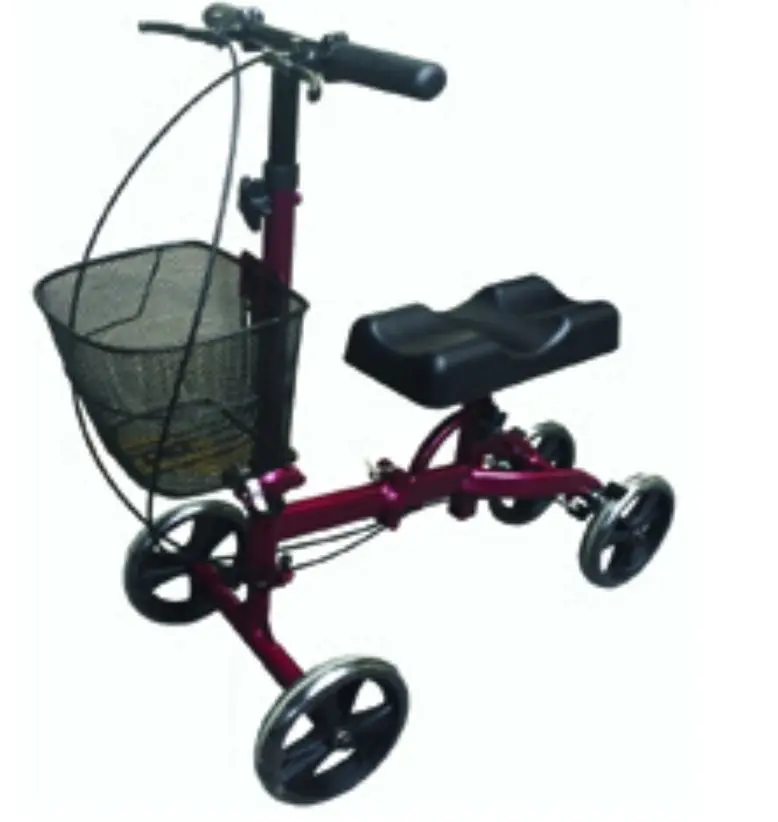 Red knee walker with black basket.