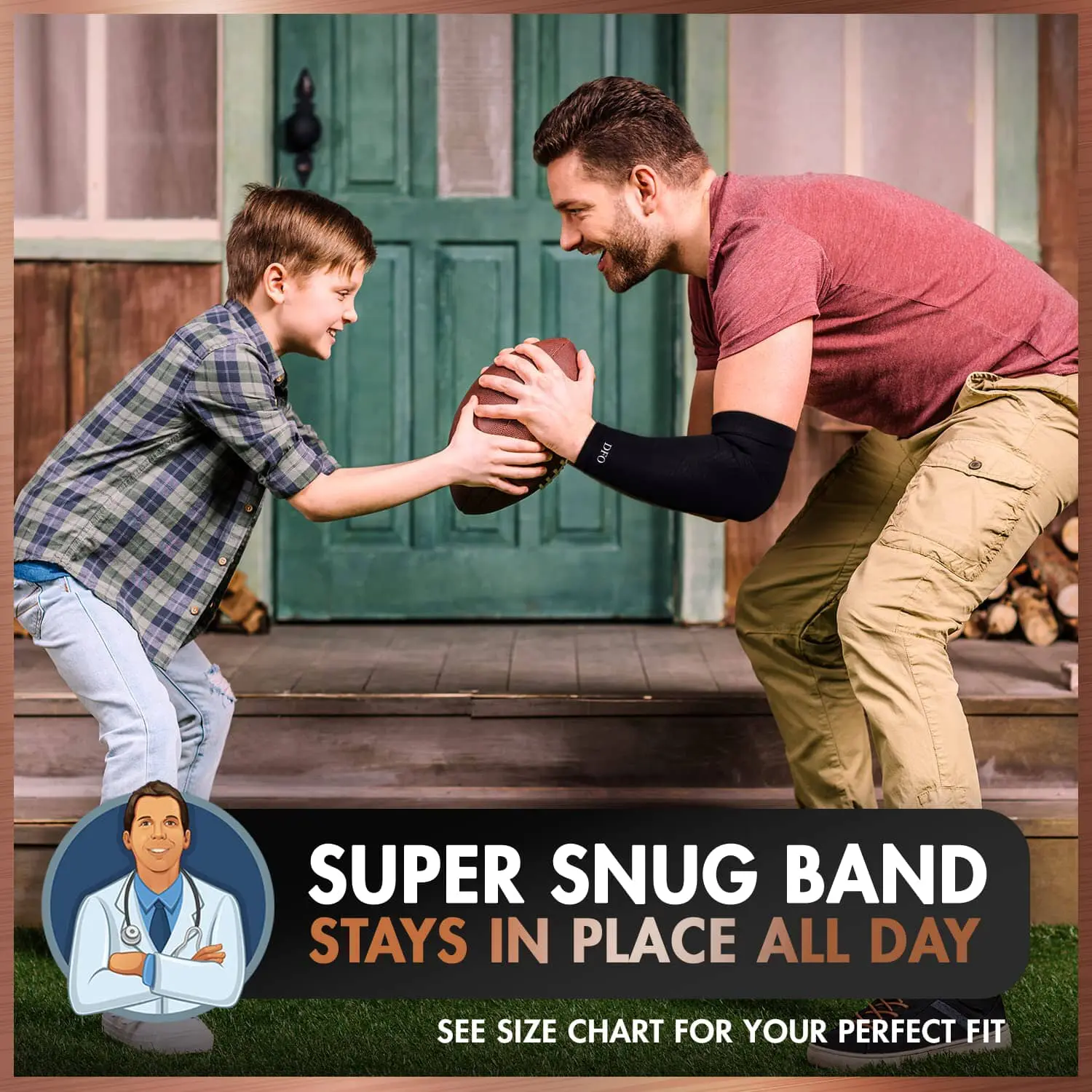 Father and son enjoying a fun hand game indoors.