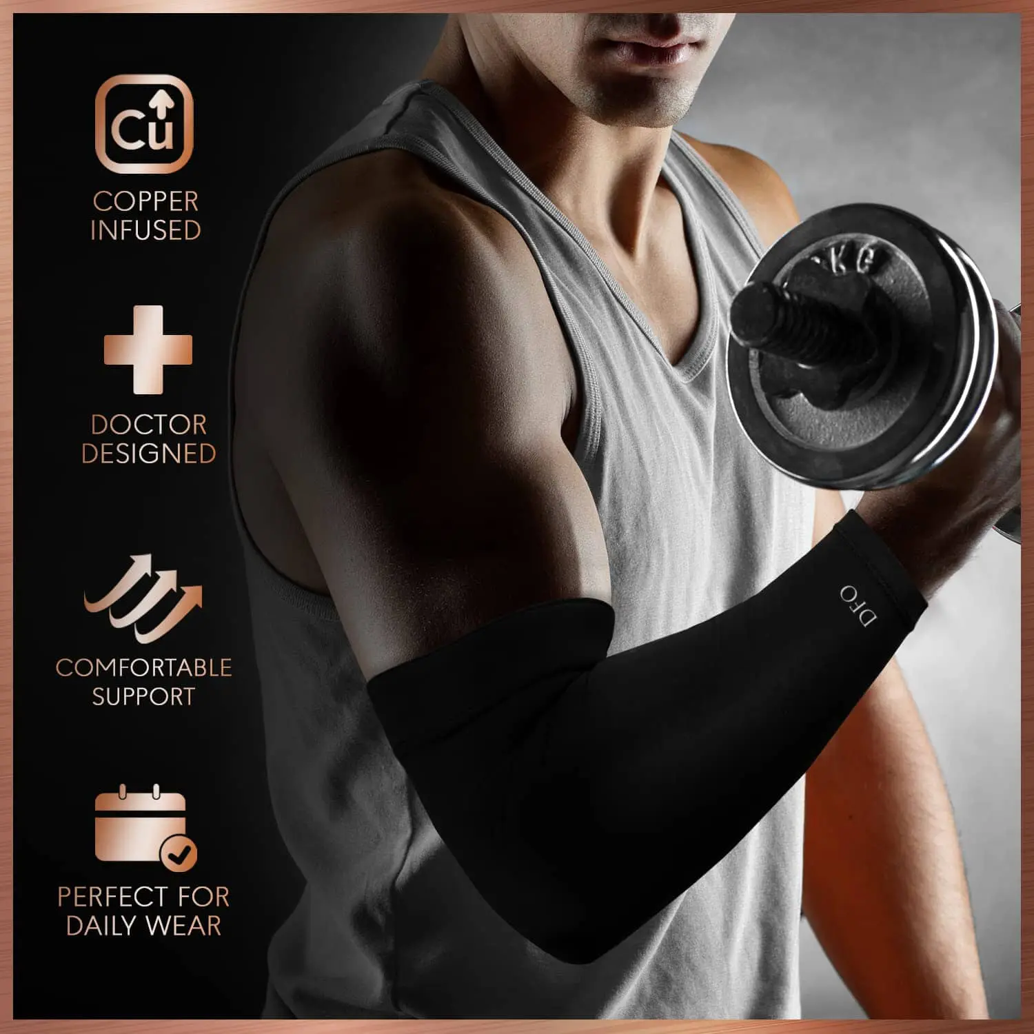 Man lifting a dumbbell with arm support sleeve, highlighting muscle strength.
