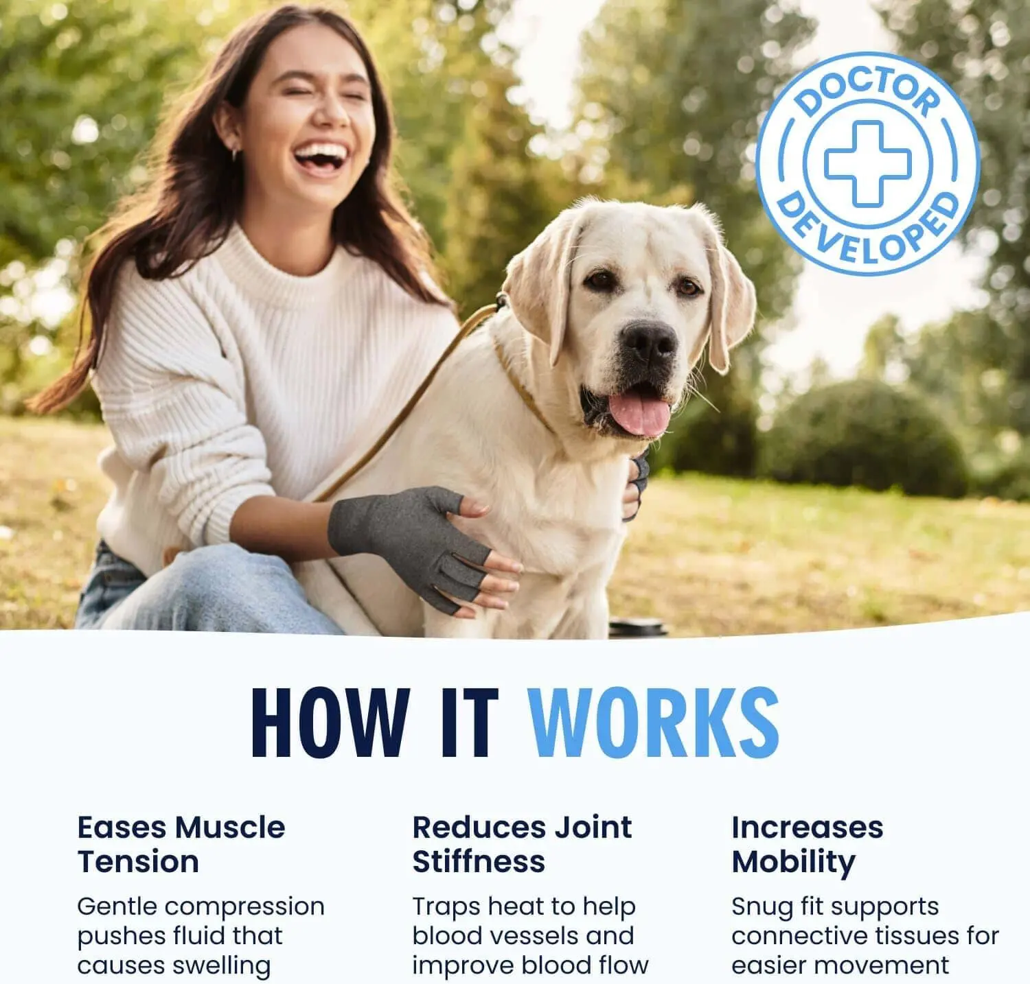 Woman happily walking her dog with a muscle compression sleeve.