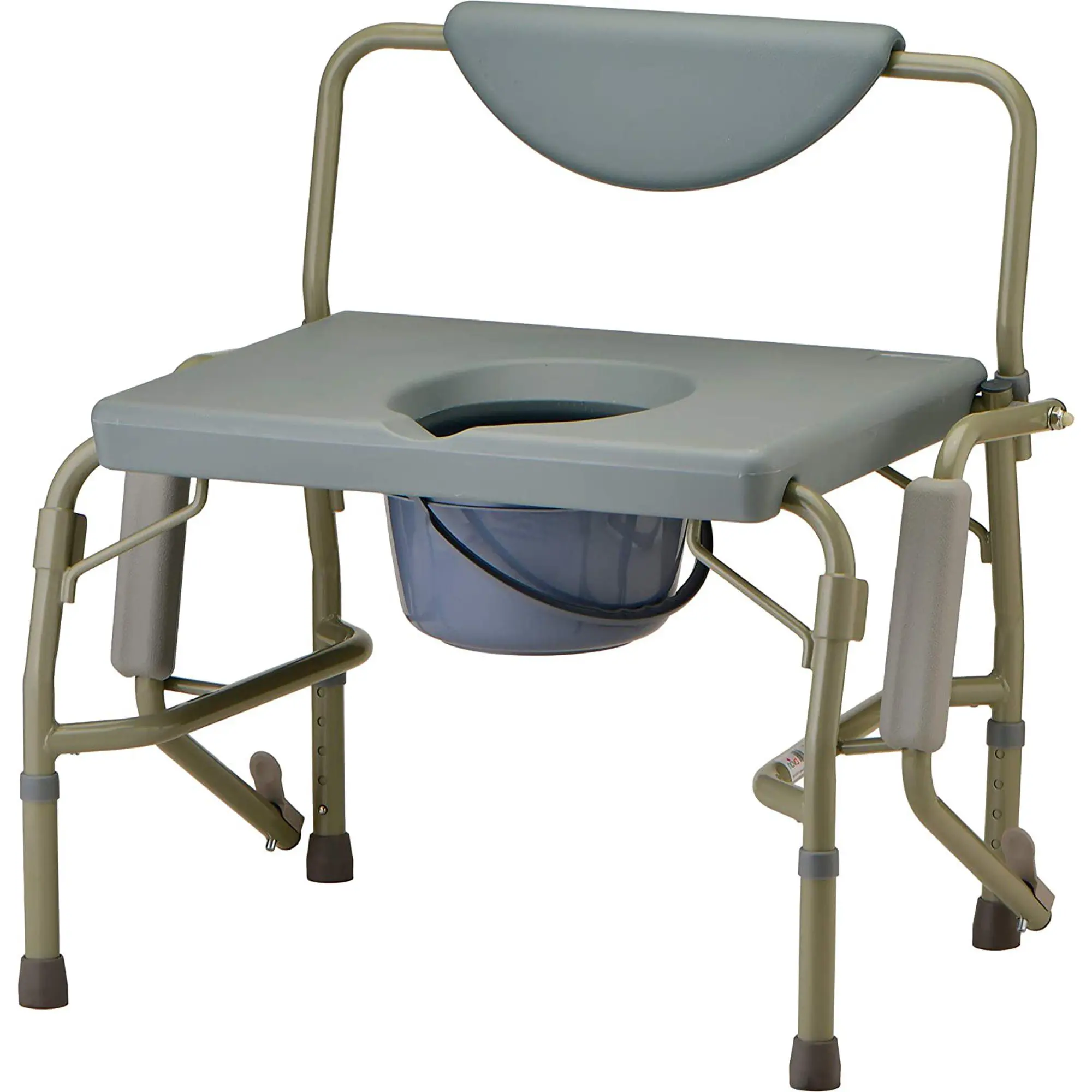 Portable gray commode chair with armrests and back support.