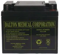 A black sealed lead-acid battery from Dalton Medical Corporation.