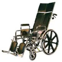 A medical wheelchair with adjustable footrests and arm supports.