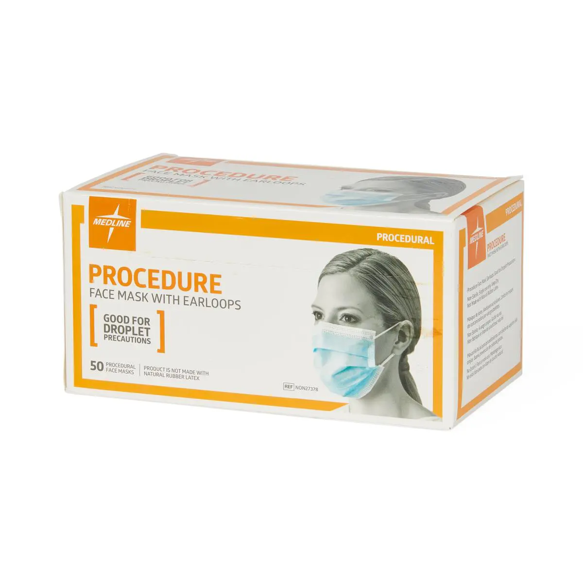 Box of disposable procedure face masks with ear loops.