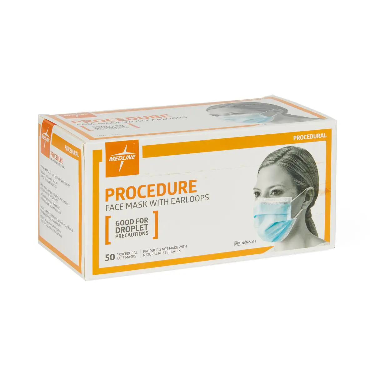 Box of disposable procedure masks with a person wearing a mask on the packaging.