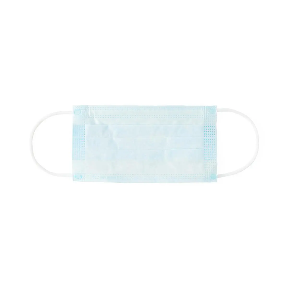 A light blue disposable face mask with ear loops.