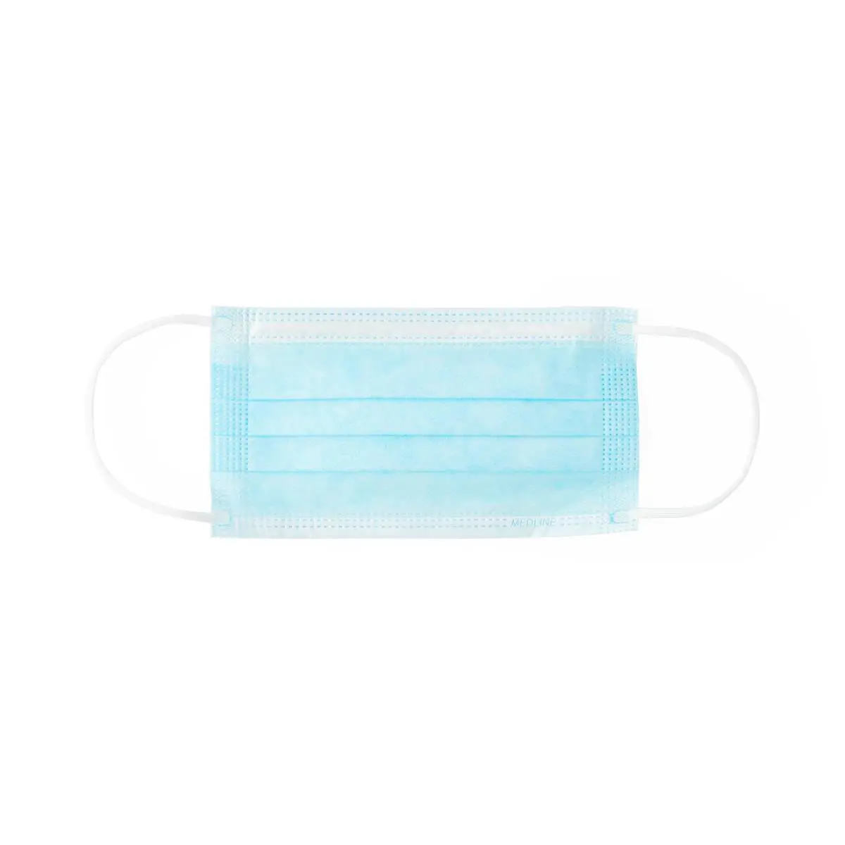 A light blue disposable face mask with ear loops.