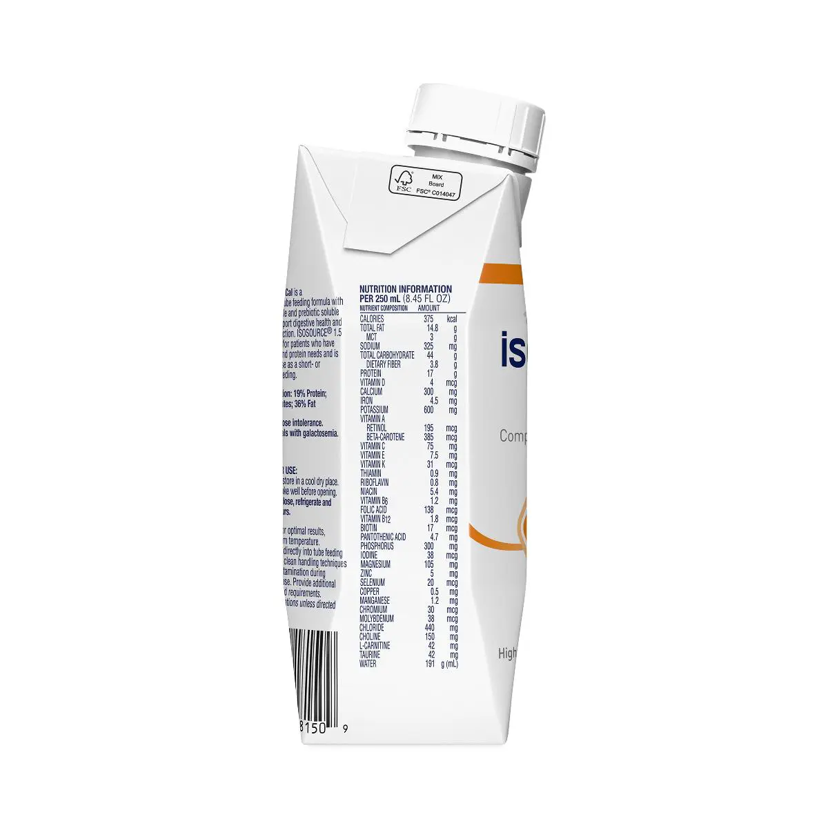 A packaged beverage carton with nutritional information on the side.