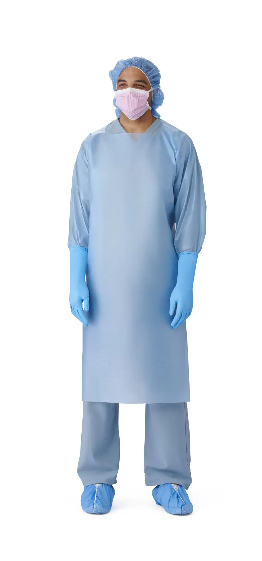 Person wearing a protective gown and gloves.