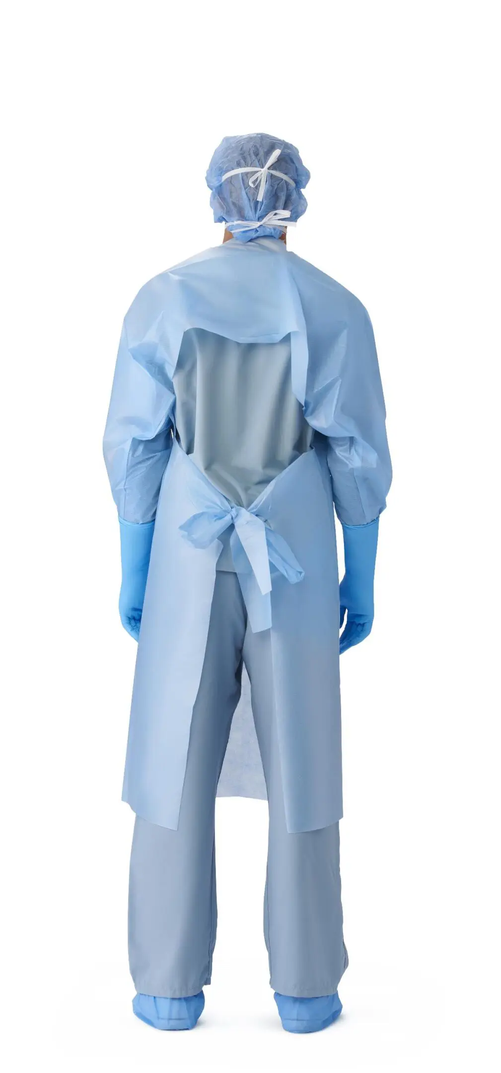 Blue medical gown with gloves, viewed from the back.