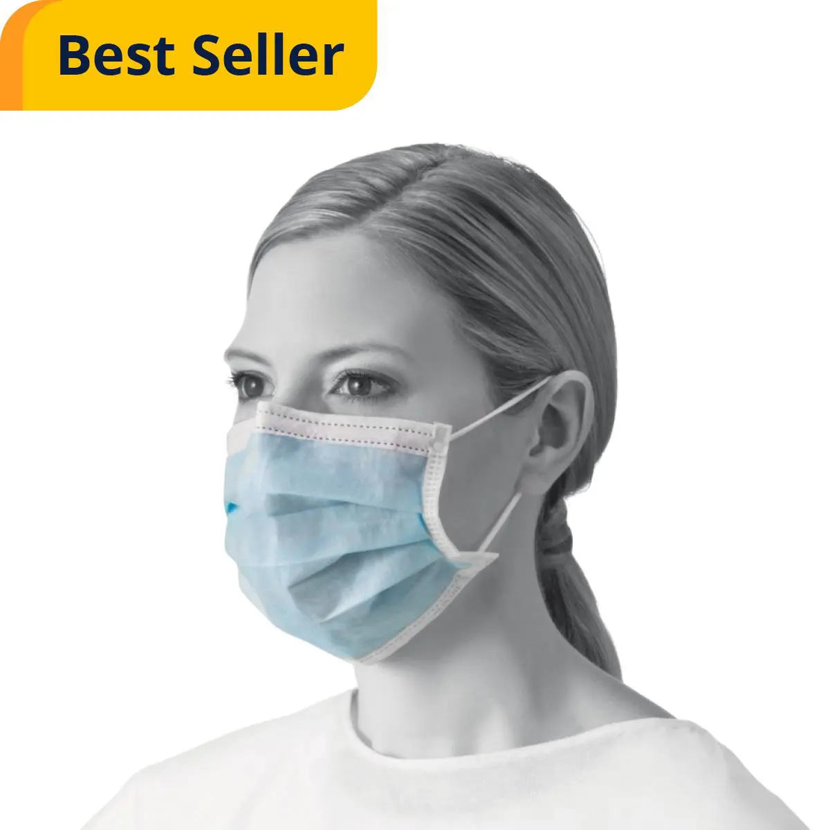 Woman wearing a blue protective face mask.