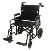A black manual wheelchair with footrests and armrests.