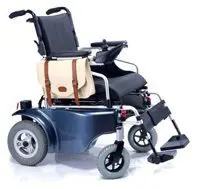 A modern electric wheelchair with a bag on the seat.