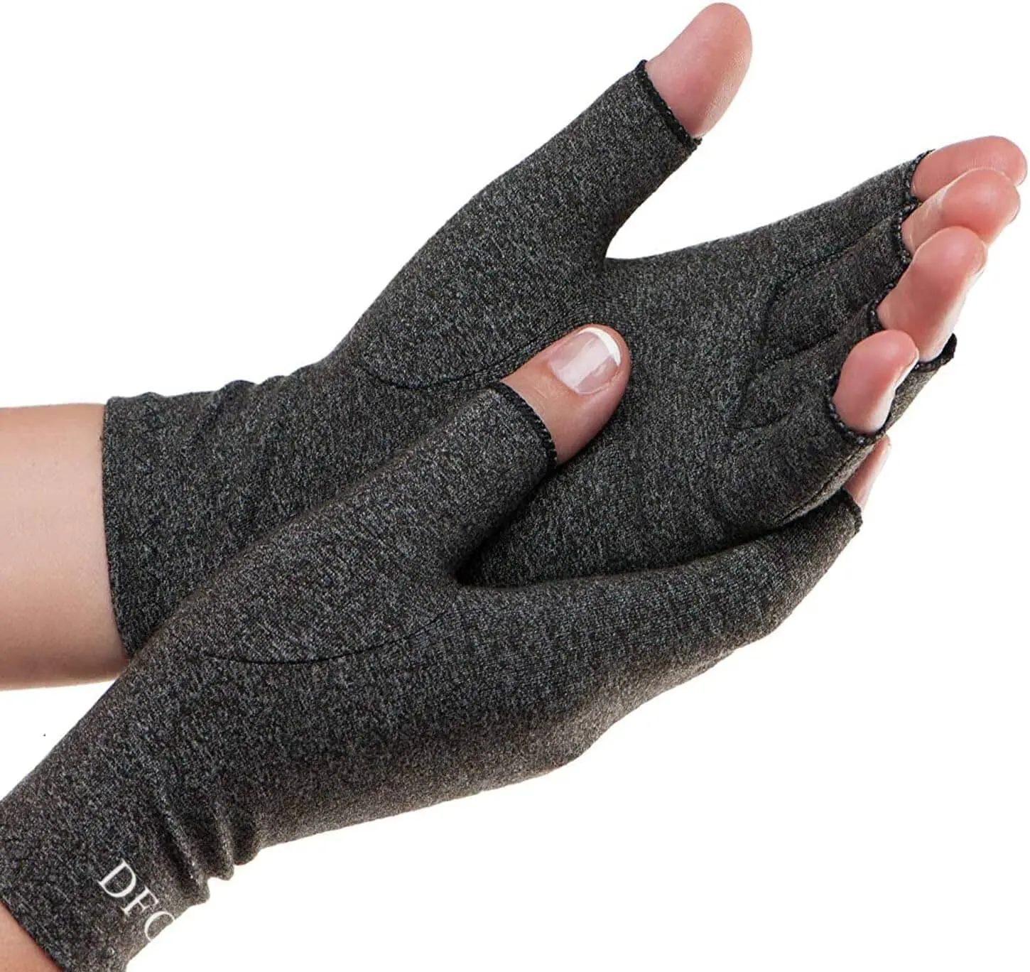 Pair of dark gray fingerless gloves worn on hands.