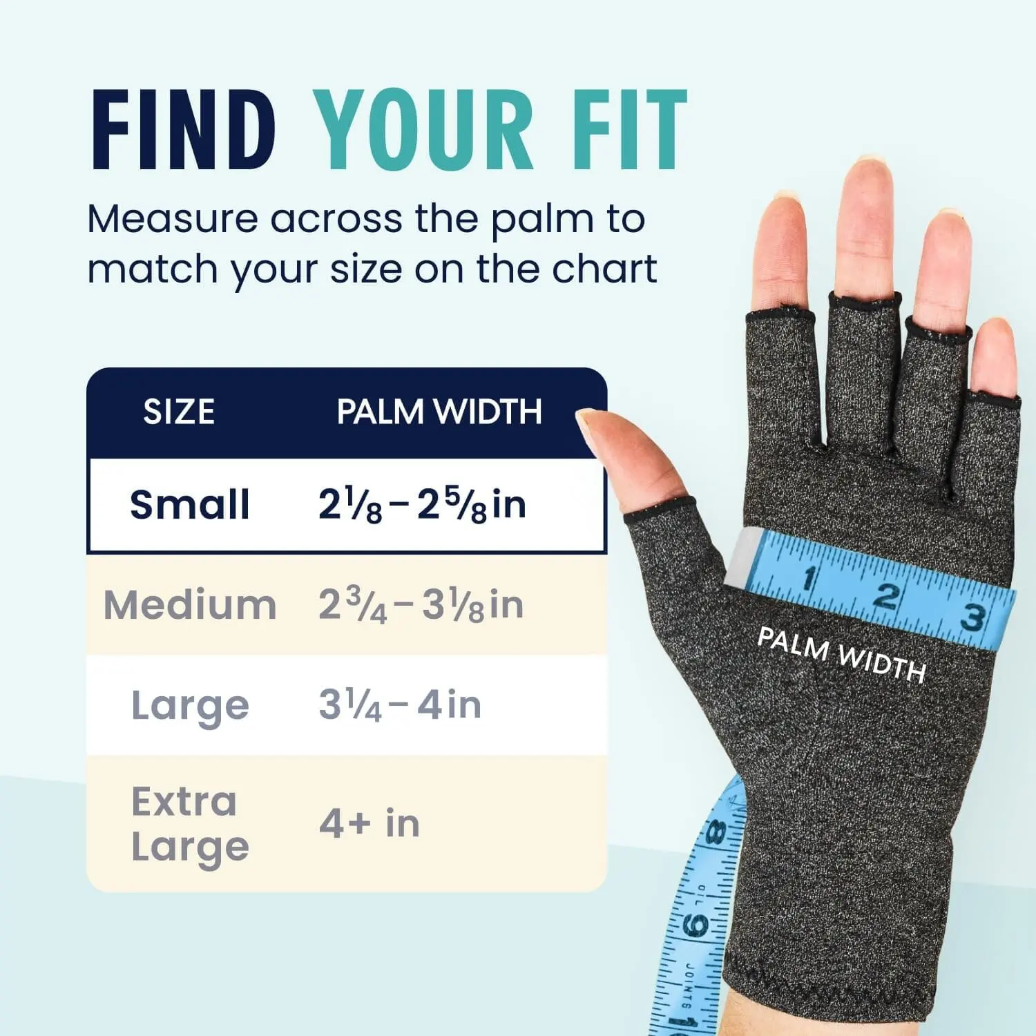 Sizing chart for fitness gloves based on palm width.