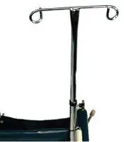 Close-up of a black metal stand with hooks and wheels.