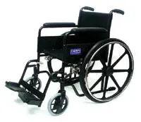 A black manual wheelchair with large rear wheels and footrests.