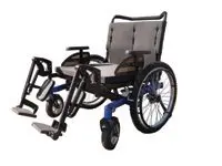 A modern wheelchair with armrests and footrests.