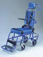 Blue transport wheelchair with adjustable handles and footrests.