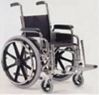 A black and silver manual wheelchair with large rear wheels and footrests.