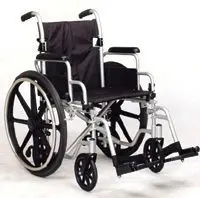 A black manual wheelchair with large rear wheels and foldable footrests.