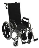 A modern wheelchair with large rear wheels and footrests.