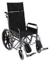 Black manual wheelchair with footrests and large wheels.