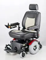 Black and grey electric wheelchair with cushioned seat and joystick control.