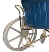 Close-up of a wheelchair's wheel and blue seat upholstery.