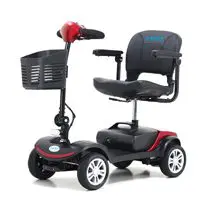 Compact mobility scooter with a basket and cushioned seat.