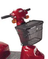 Red scooter with a black front basket and handlebars.