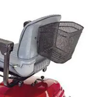 Mobility scooter seat with attached wire basket.