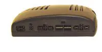 Back view of a compact electronic device with multiple USB and other ports.