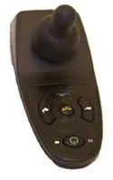 Close-up of a black remote control with navigation buttons.