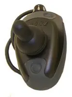 Close-up of a black joystick controller with a button and cable.