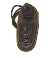 Black wired remote control with multiple buttons.