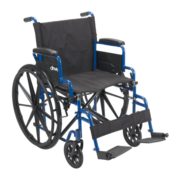 Blue and black manual wheelchair with footrests and large rear wheels.