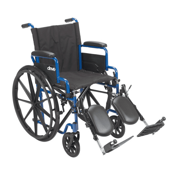 A blue and black manual wheelchair with footrests and large rear wheels.