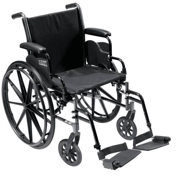 Black manual wheelchair with large rear wheels and footrests.
