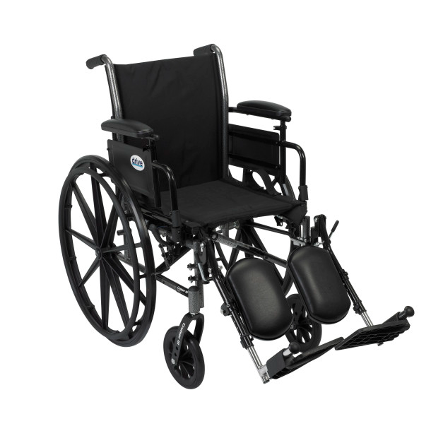Black manual wheelchair with footrests and armrests.