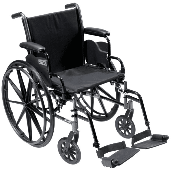 A black manual wheelchair with large rear wheels and footrests.