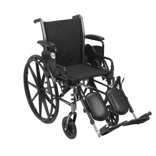 Black manual wheelchair with large rear wheels and footrests.