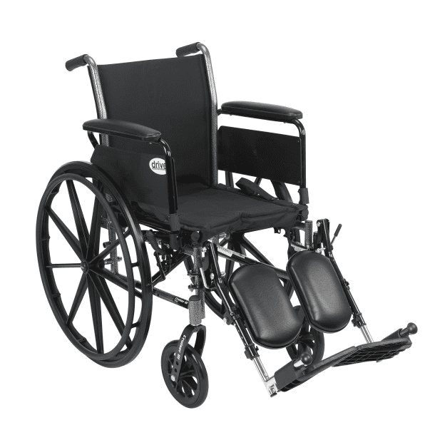 Black manual wheelchair with large rear wheels and footrests.